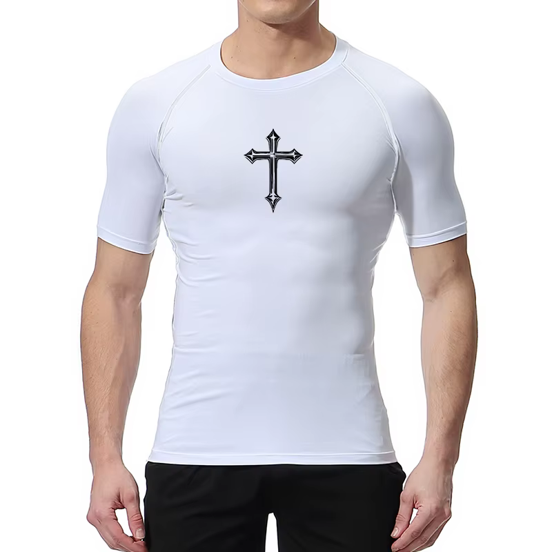 Chemise de compression à imprimé croisé pour hommes, t-shirt athlétique chrétien, hauts d'entraînement de gymnastique, couches de base de course, sous-vêtements, protection contre les éruptions cutané