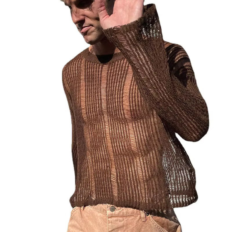 Hommes t-shirts nouvelle mode tissé couleur unie haut en maille tricot chemise mince à manches longues Sexy T-shirt