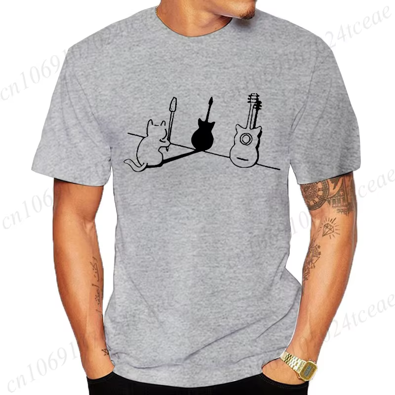 T-shirt pour femmes hommes chat et guitare Design drôle hauts doux unisexe col rond T-shirts vêtements