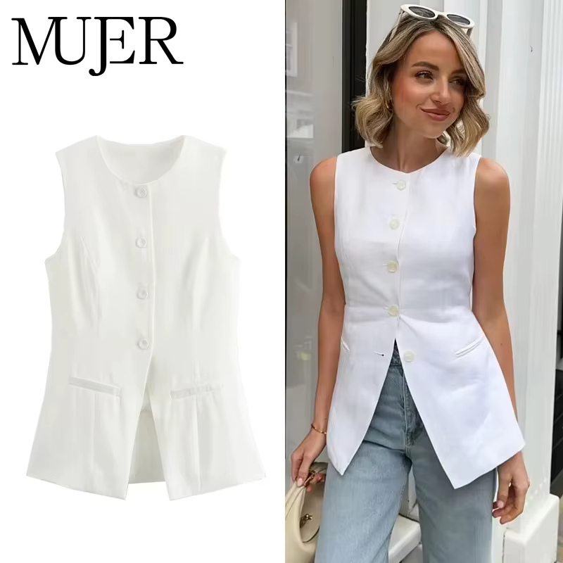 MUJER 2025 blanc gilet sans manches femmes bouton gilets d'été