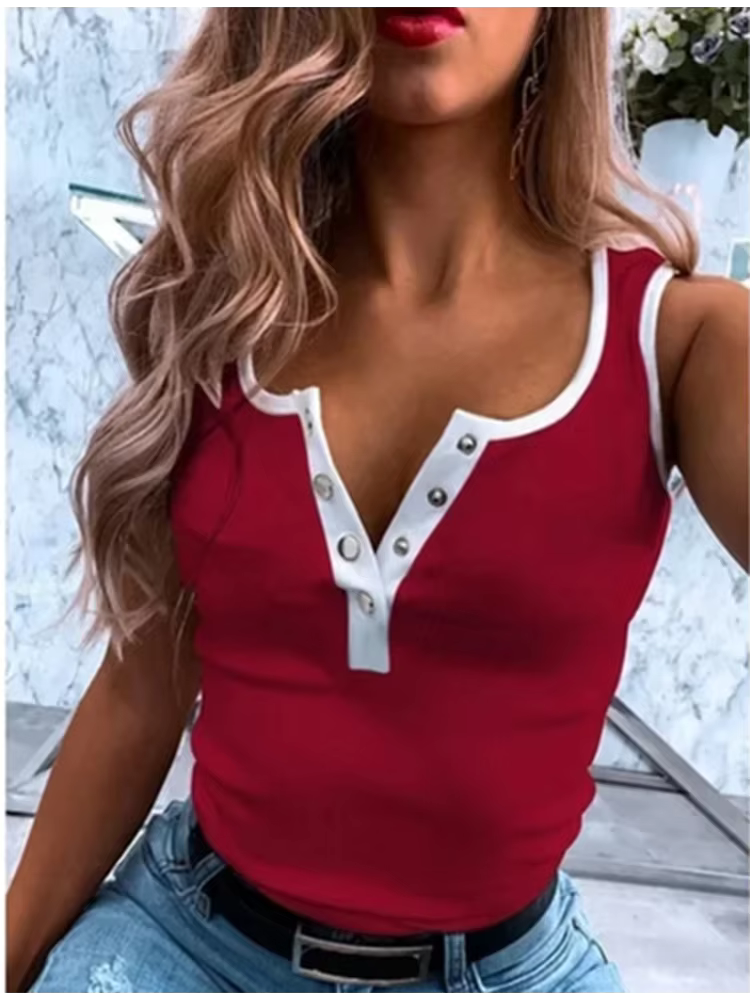 Femmes sans manches bouton mince Camisole monochromatique gilet décontracté été T-Shirt nouveau 2021