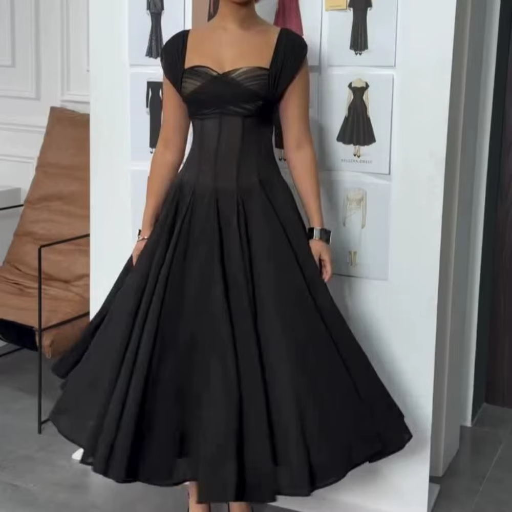 VGH français doux robes d'été pour les femmes col carré sans manches tunique maille Dates fête bouffée longue robe femme vêtements Style