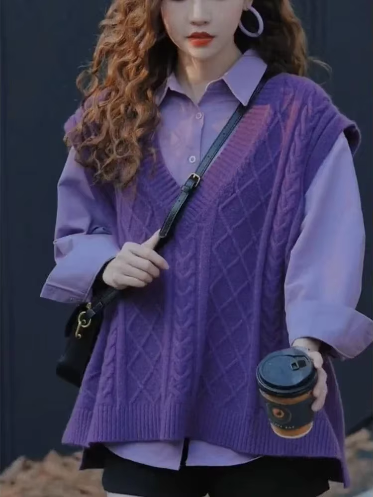 Gilet violet col en v dame chandails pull ample tricot gilets pour femmes sans manches Style coréen vêtements élégant tendance 2025