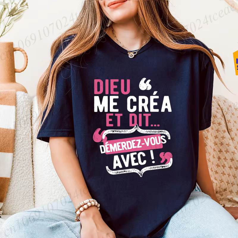 T-shirts pour femmes T-shirt décontracté à col rond avec citation française "Dieu Me C'est Mon Saint" - Haut à manches courtes avec lettres ludiques imprimées