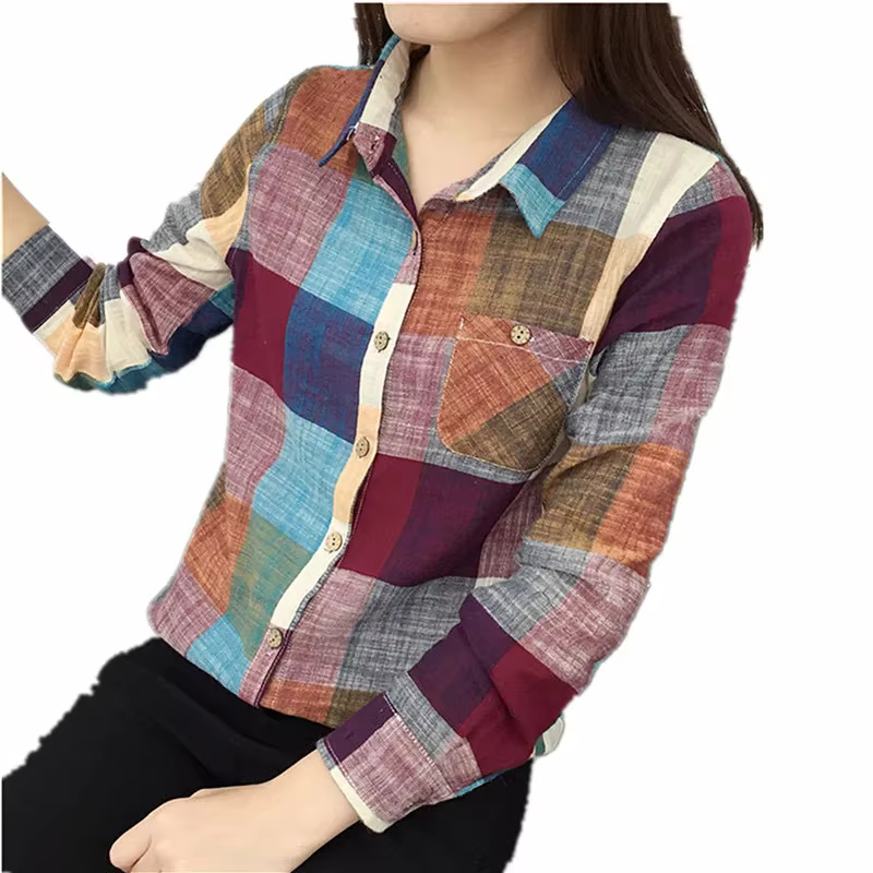 Chemise à carreaux en coton et lin pour femmes