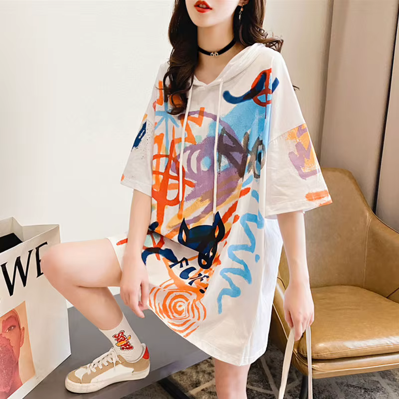 Coréen imprimé ample à capuche T-shirt femme décontracté Streetwear Midi demi manches pulls hauts été mode vêtements pour femmes