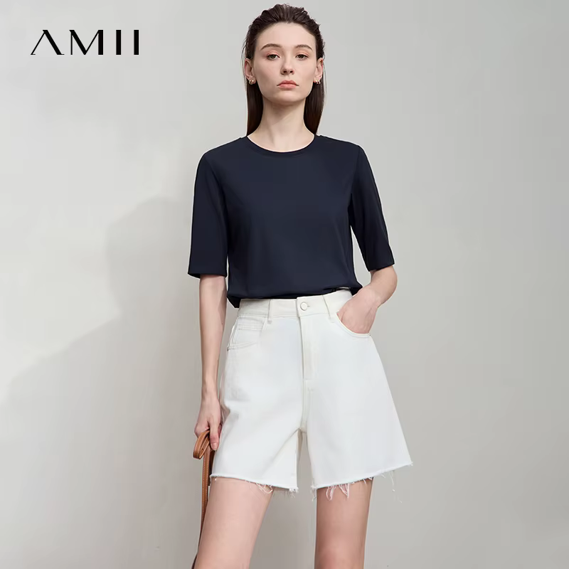 AMII minimaliste coton noir T-Shirt pour femmes 2025 bureau dame O cou plaine tricot