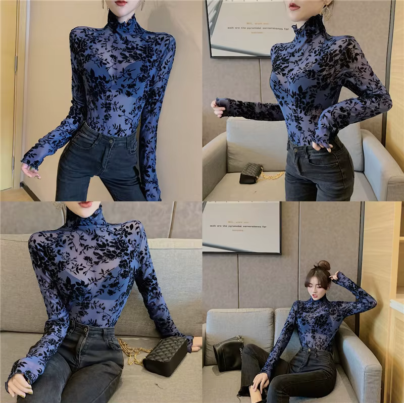 Taille M-XXXL Transparent flocage maille T-shirt femmes col roulé mince à manches longues t-shirts filles élastiques