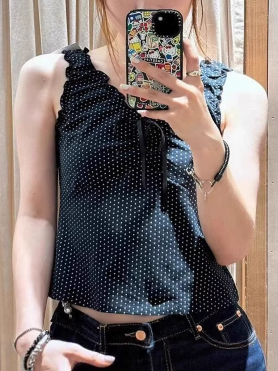 Débardeur Harajuku pliable noir à pois pour femme