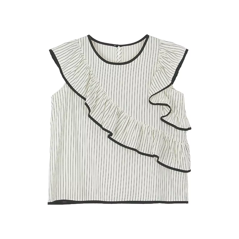 Chemise rétro rayée à volants, nouvelle collection été 2026, haut à col rond