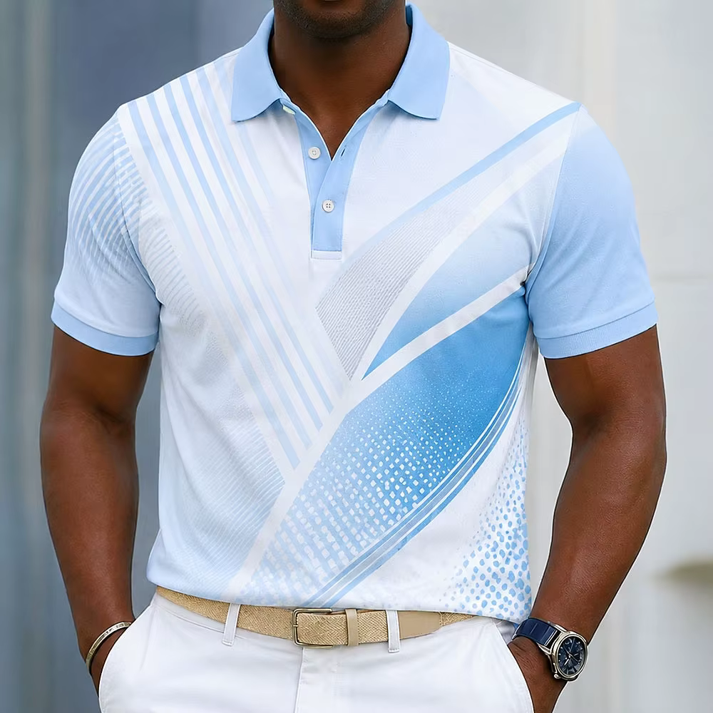 Polo pour homme vert clair à rayures diagonales blanches et imprimé à pois, hauts décontractés pour le printemps, l'été, le golf et les occasions quotidiennes