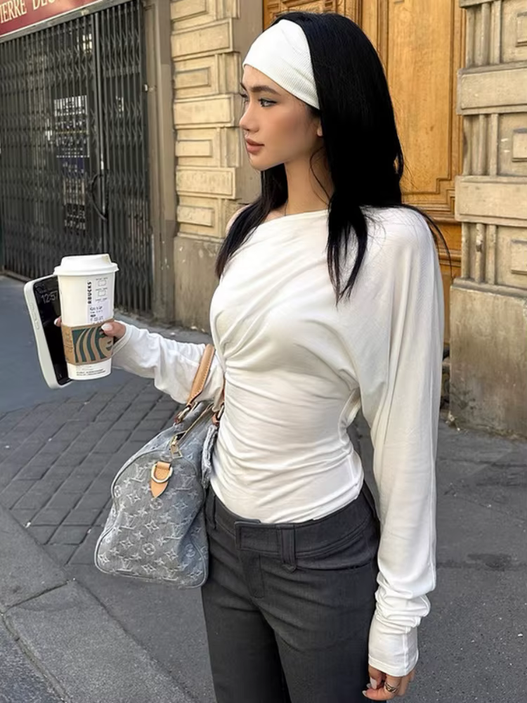 Batwing t-shirt col incliné t-shirts pour femmes Streetwear à manches longues Y2k haut solide vêtements féministe Ropa Mujer Camisetas
