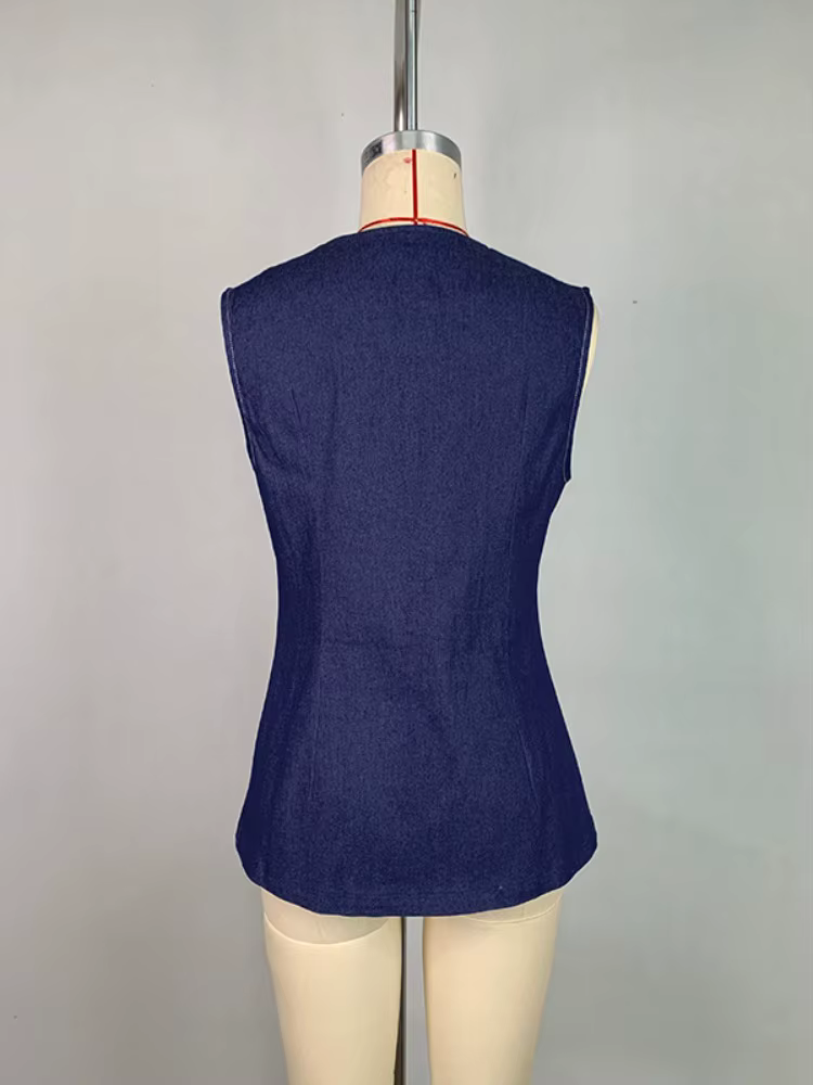 Krisstarsgirl 2025 nouveau chemisier en jean hauts pour femme été bleu élégant boutonné avec poches dessus de chemise