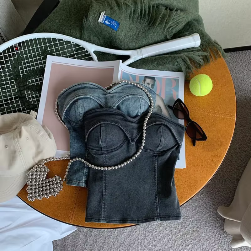 Débardeurs de mode américaine avec soutien-gorge intégré tout-puissant décontracté Denim haut Corset femmes jean Camis hauts Spaghetti sangle livraison directe