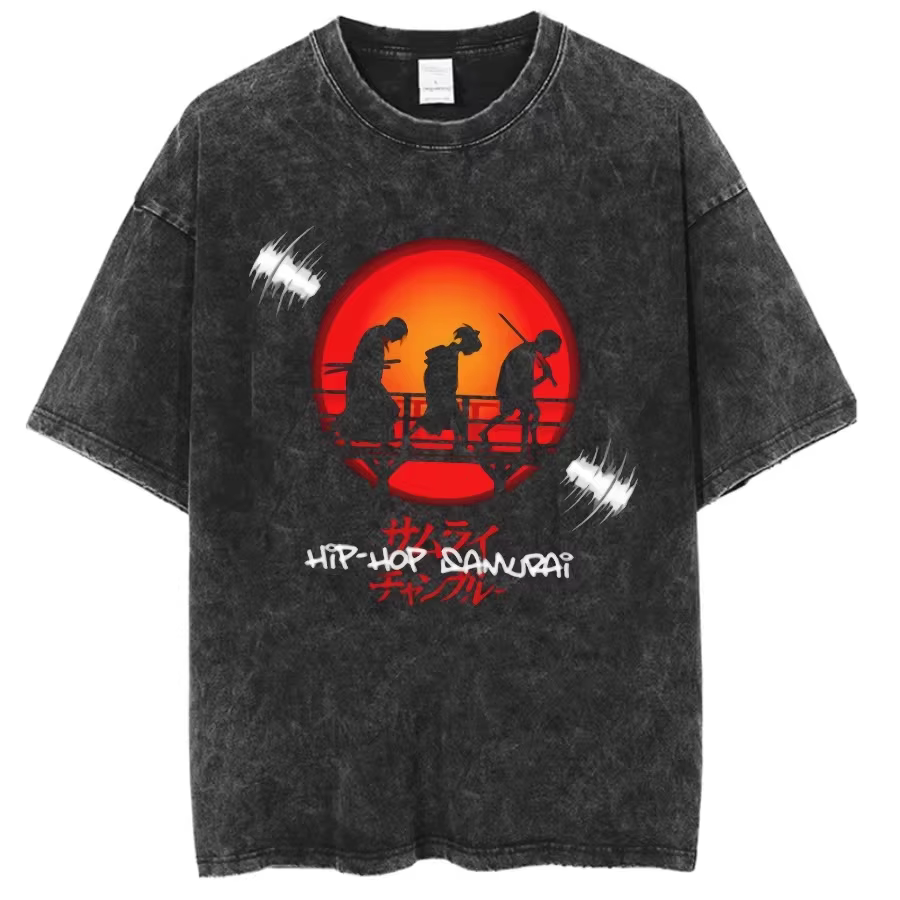 Anime graphique samouraï Champloo T-shirt Vintage lavé surdimensionné T-Shirts hommes femmes vêtements pur coton à manches courtes T-Shirts