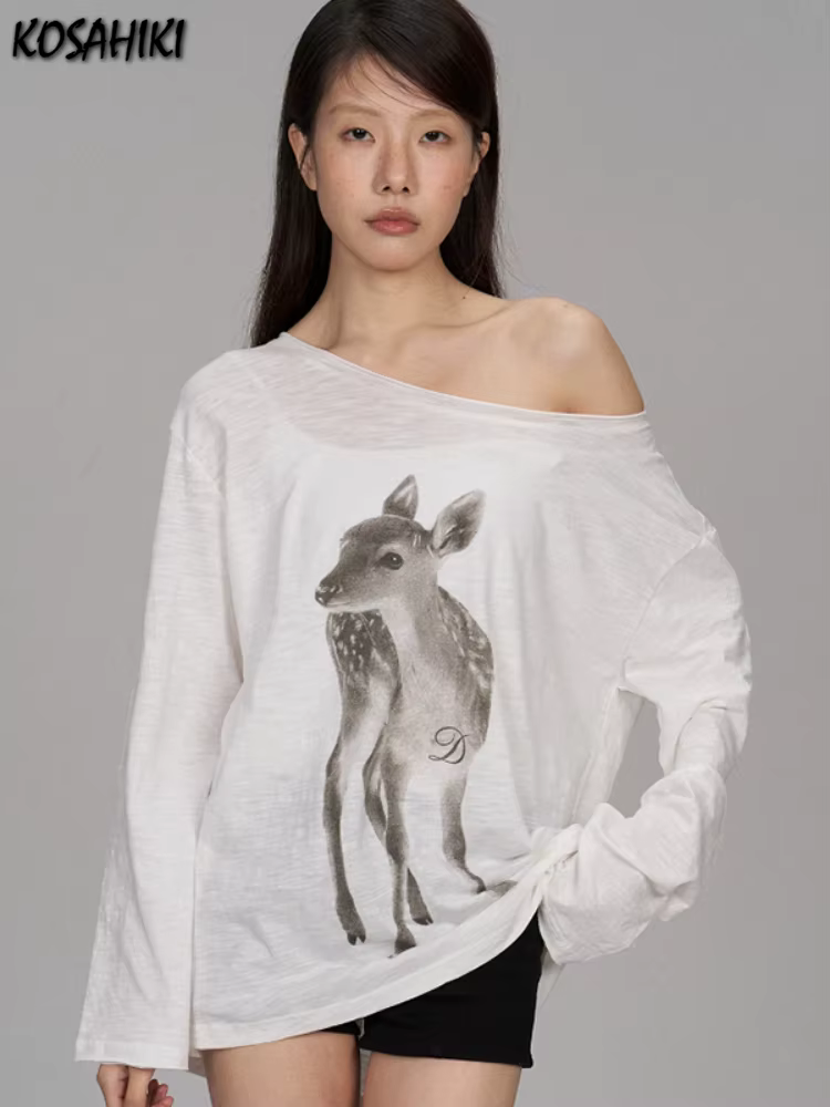 Protection solaire dessin animé impression T-shirt femmes Y2k esthétique col incliné décontracté