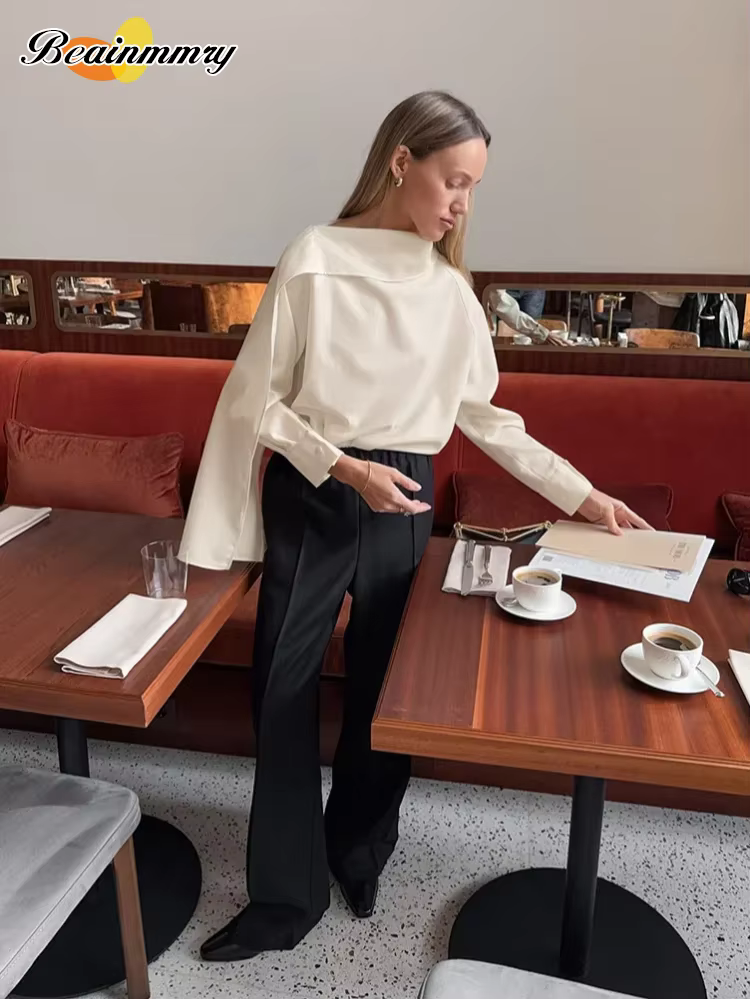 Chemise ample à col écharpe pour femme, élégante, à manches longues, avec ruban, épaule inclinée, chemisier tendance, nouveau printemps, chemises de bureau pour le trajet quotidien, 2026