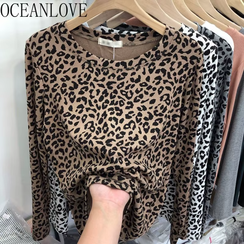 OCEANLOVE Y2k vêtements léopard t-shirt pour femmes Vintage printemps automne bases Ropa De Mujer mode coréenne mince t-shirts courts