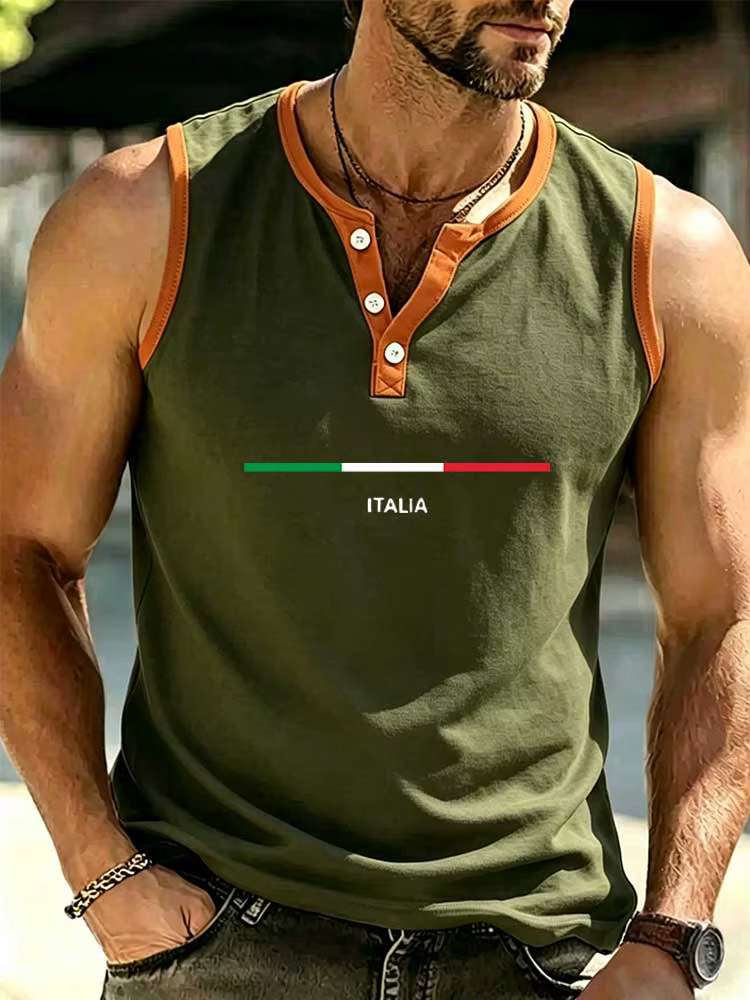 Débardeur Henley Homme à Bordures Contrastantes Imprimé Été Respirant Sans Manches Gilet Musculaire Décontracté Plage Gym Fitness Sous-vêtement