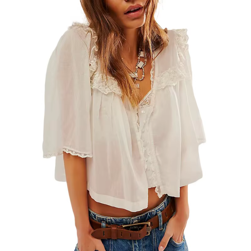 Rose doux col en dentelle coton pétale à manches courtes refflé col en V boutons hauts plissés femmes Blouse t-shirt coréen été plis