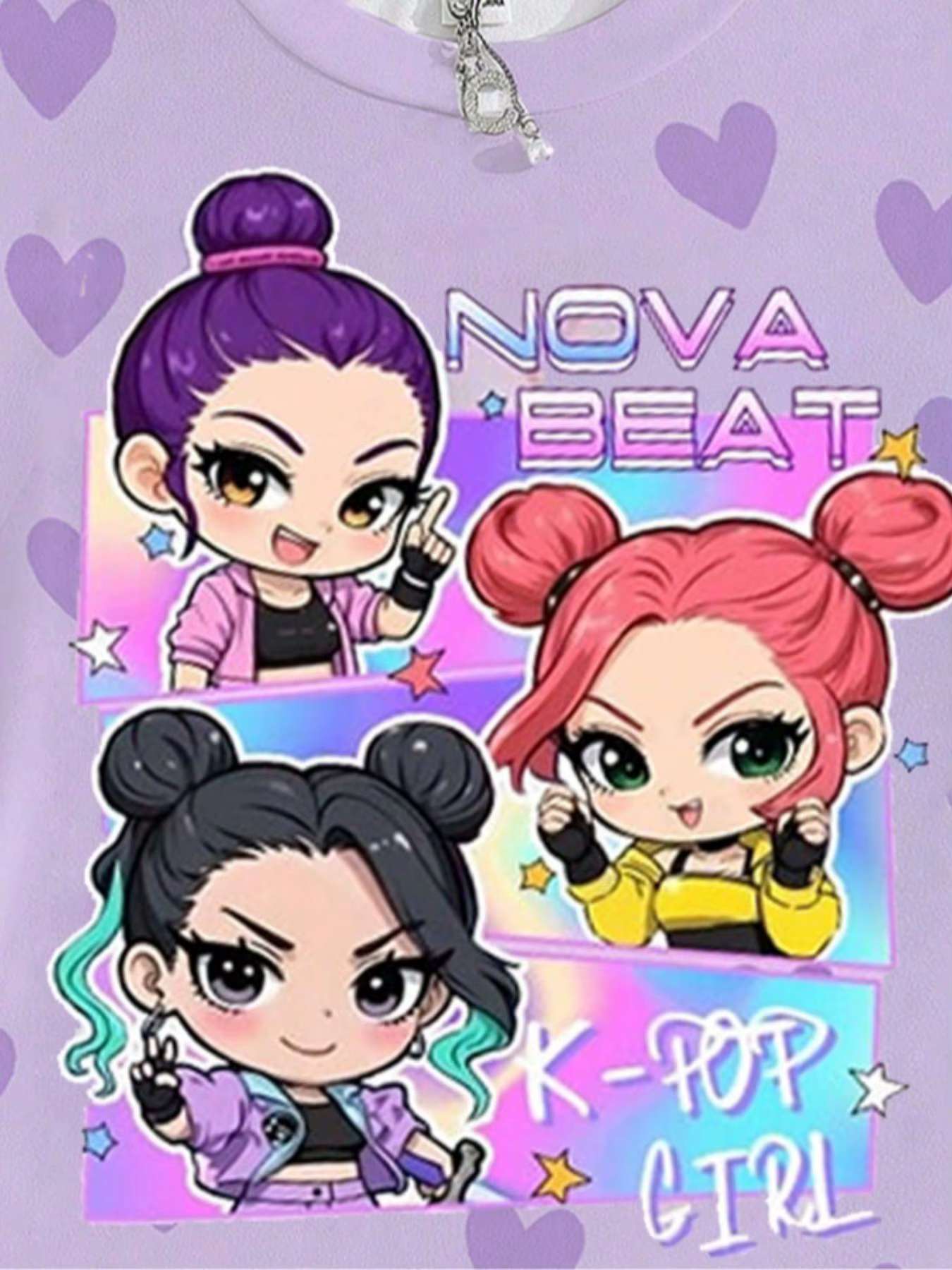 T-shirt graphique K-Pop pour filles - Motif cœur violet imprimé Nova Beat Chibi, tee-shirt décontracté pour enfants