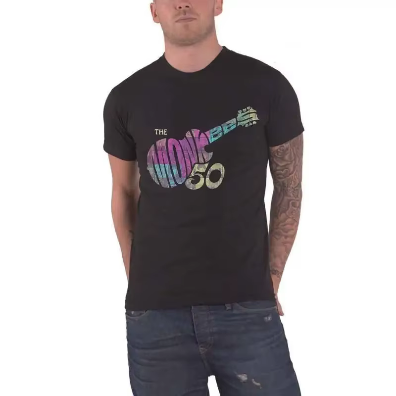 T-shirt The Monkees avec logo du groupe et discographie de la guitare, nouveau, officiel, pour hommes, noir