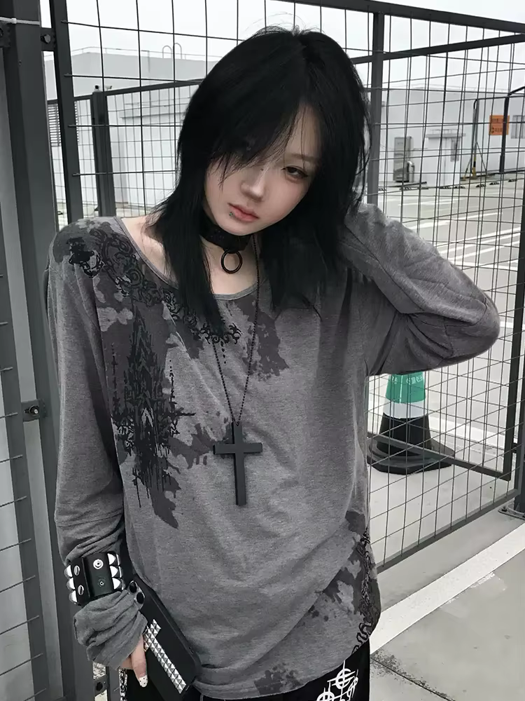 Genayooa gothique imprimé T-shirt femmes à manches longues décontracté Y2k Vintage Grunge hauts