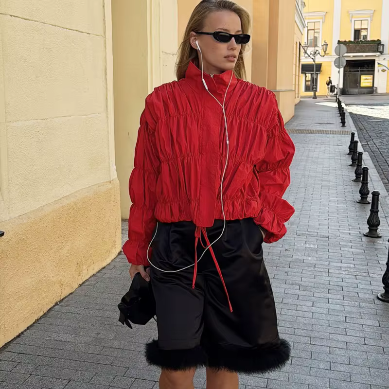 Talenza mode rouge veste femmes nouveau froncé cordon Patchwork haut décontracté Vintage surdimensionné Streetwear