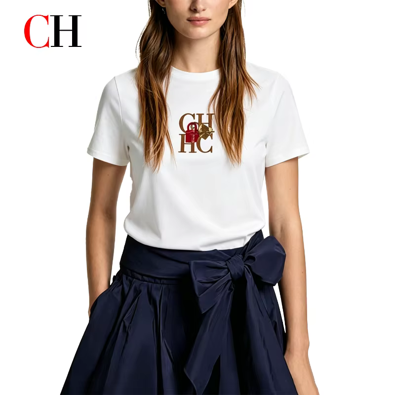 T-shirt col rond pour femme CH, broderie lettre, manches courtes, coton doux, coupe ajustée, tenue quotidienne, hauts décontractés et tendance