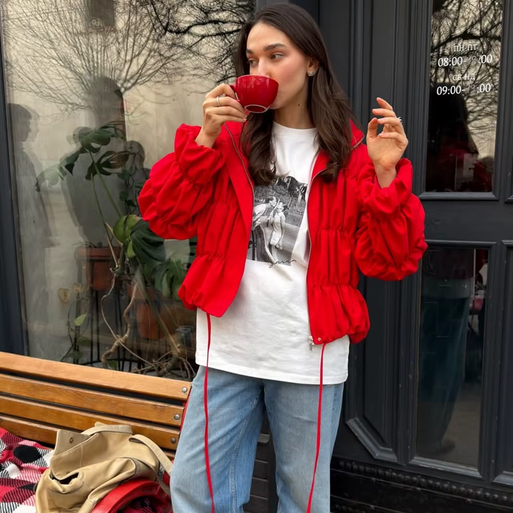 Talenza mode rouge veste femmes nouveau froncé cordon Patchwork haut décontracté Vintage surdimensionné Streetwear