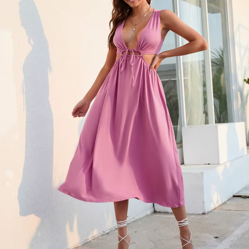 Sans manches jarretelle débardeur évider arc froncé longue Maxi décontracté col en V robes printemps été Sexy Chic femmes robe de vacances