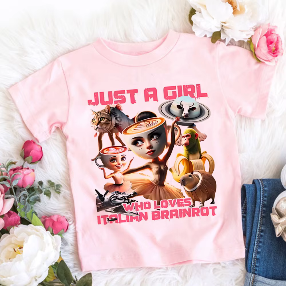 Italien Brainrot T-Shirt enfants dessin animé imprimé vêtements col rond basique garçons hauts absorbant chemises décontractées cadeau