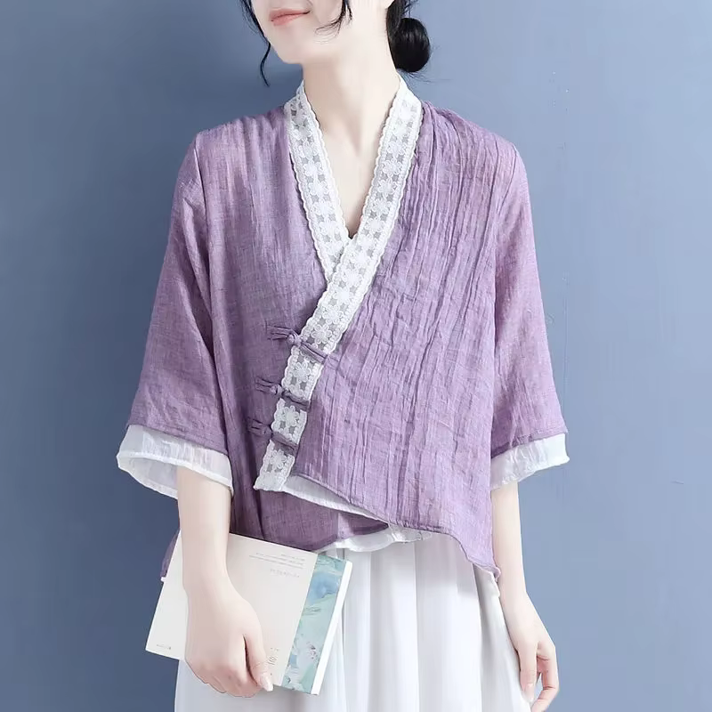 Chemise en dentelle à col en V pour femmes