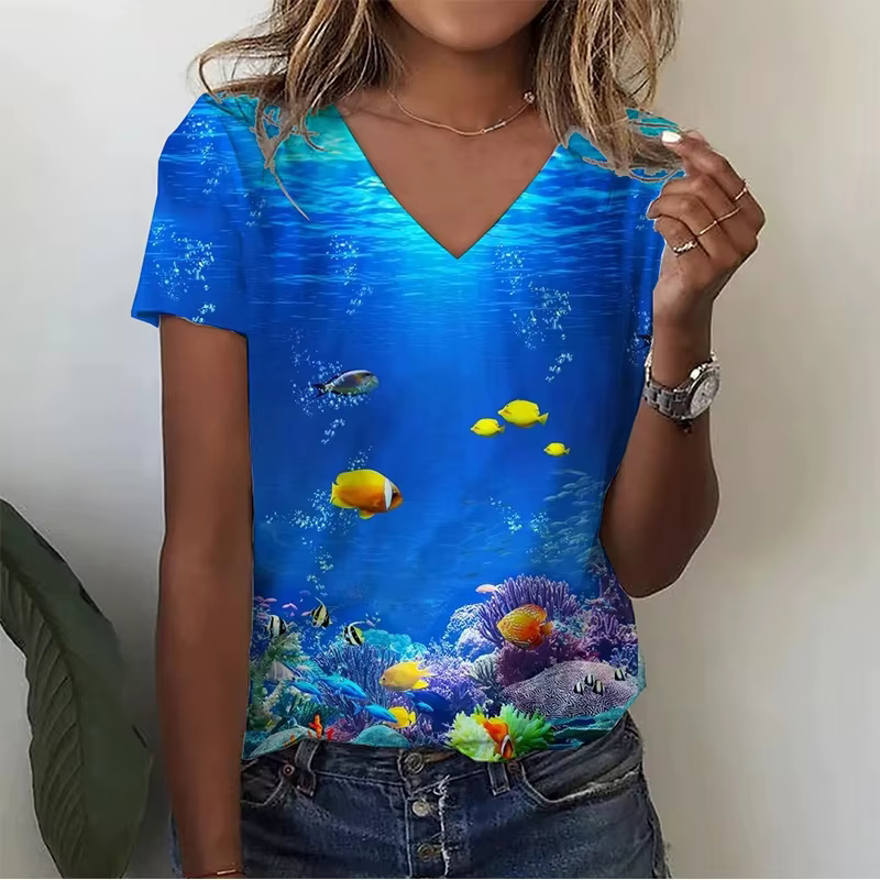 Sea Animal Graphic T-shirt Women Summer Sea Beach T Shirts Y2k Tops Woman V-Neck Tees Short Sleeve Oversized Men Kids Clothing