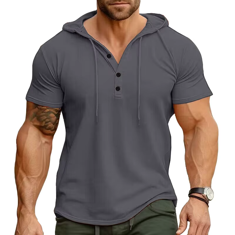 T-shirts à manches courtes pour hommes pour le sport et le fitness chemise Henley de style américain haut à capuche