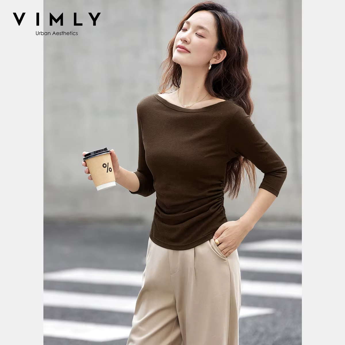 VIMLY Hauts Femme Printemps Automne 2026 Col Bateau Manches Longues T-shirts Décontractés Tricotés Coupe Ajustée Extensibles pour Femmes A3039