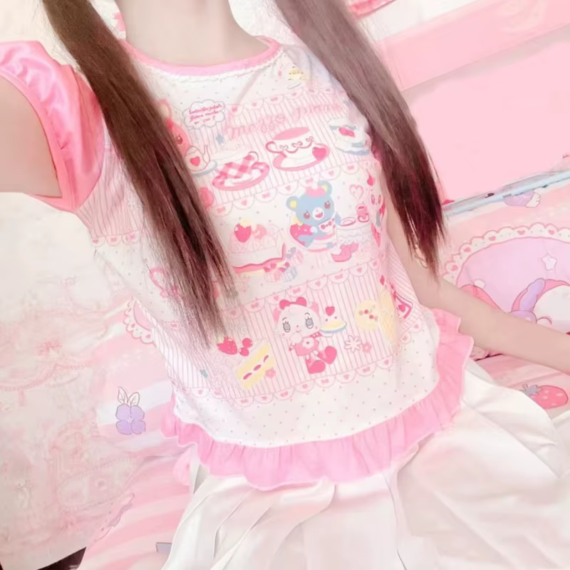 T-shirts courts imprimés de dessins animés pour filles japonaises
