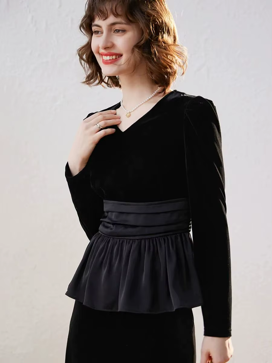 Modiis Yao-Haut en velours vintage pour femme, col en V, chemise à manches longues, conception d'ourlet épissé, automne, 2023