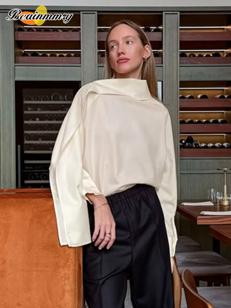 Chemise ample à col écharpe pour femme, élégante, à manches longues, avec ruban, épaule inclinée, chemisier tendance, nouveau printemps, chemises de bureau pour le trajet quotidien, 2026