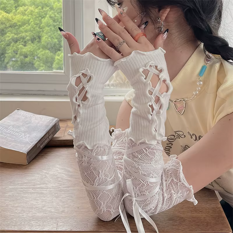 Femmes cerclage dentelle sans doigts chaud Sexy bras manches bricolage à lacets gants de protection solaire maille