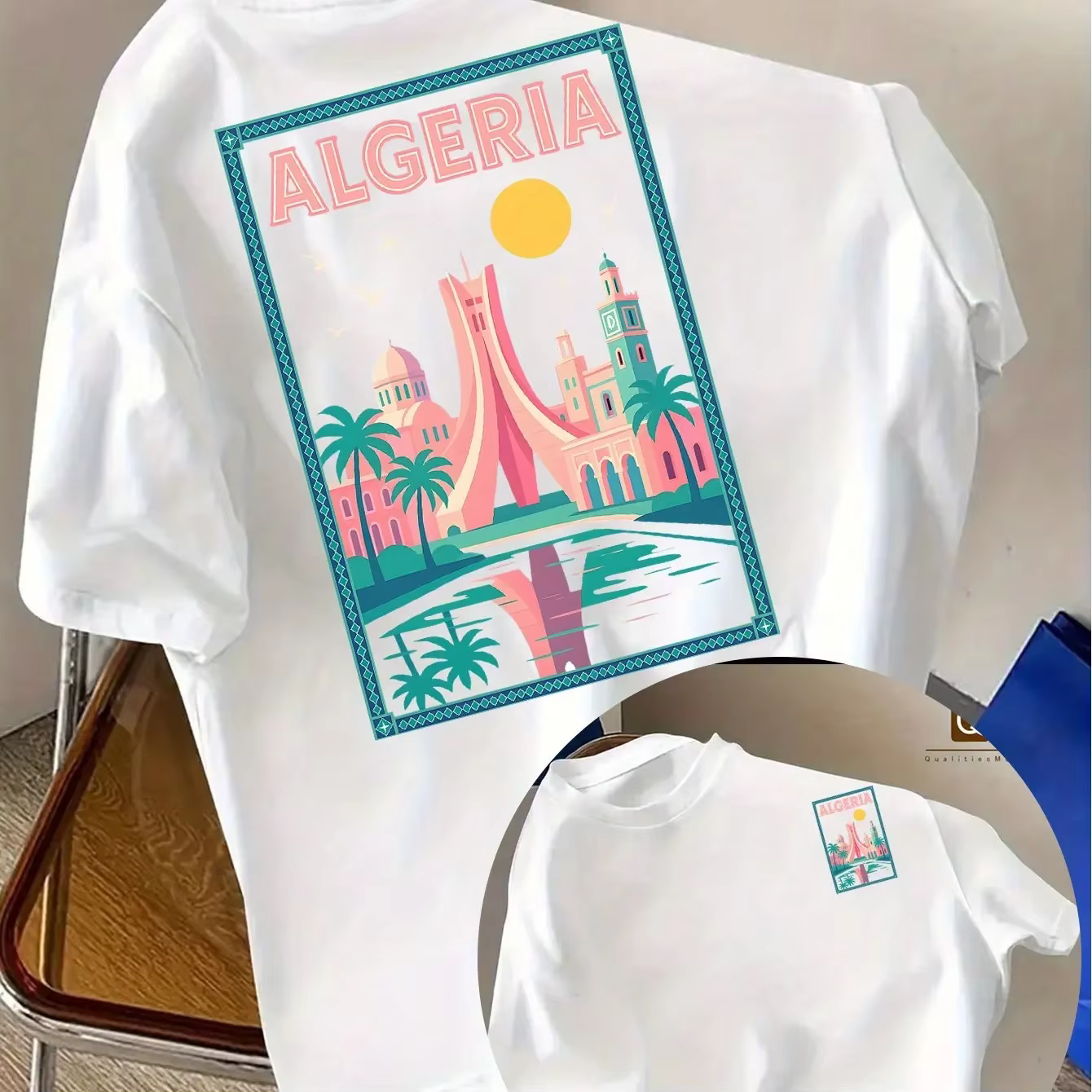 T-shirt Homme 100% Coton Algérie 2026 – Imprimé Rétro Paysage Urbain Nord-Africain – Streetwear Décontracté Noir pour Amateurs de Voyage