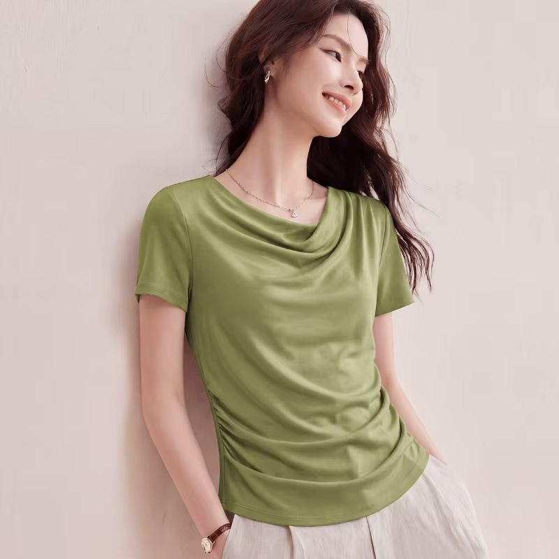 T-shirt en Lyocell pour femme, col drapé, froncé sur les côtés, coupe ajustée, uni, manches courtes, élégant, décontracté, basique, pour l'été