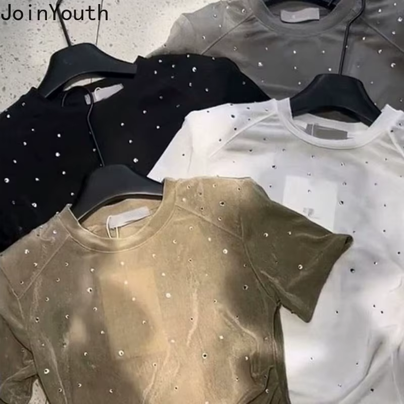 2025 Ropa Mujer t-shirts pour femmes blanc paillettes diamant culture hauts col rond tunique à manches courtes