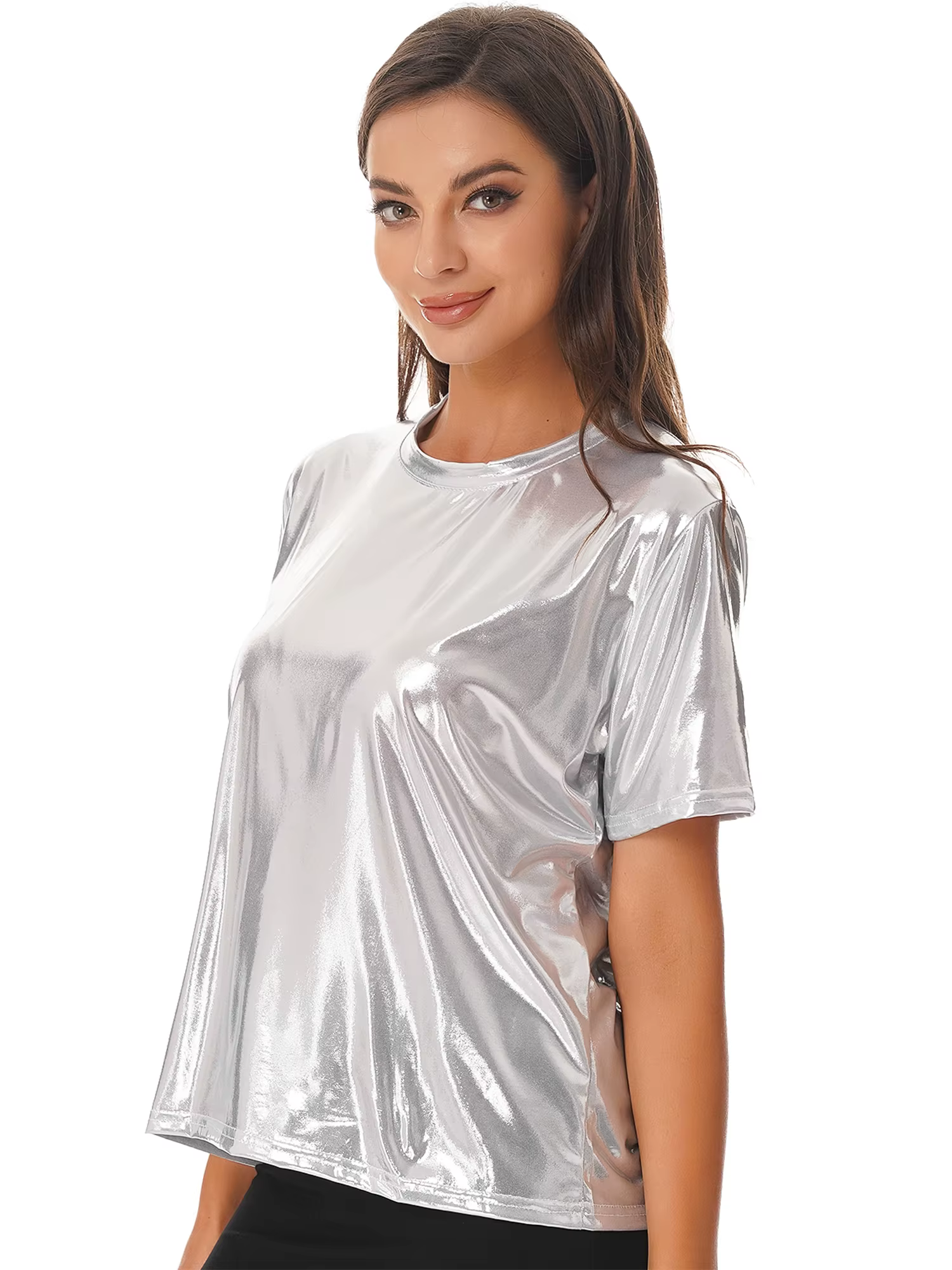 T-shirt métallique brillant à manches courtes pour femmes
