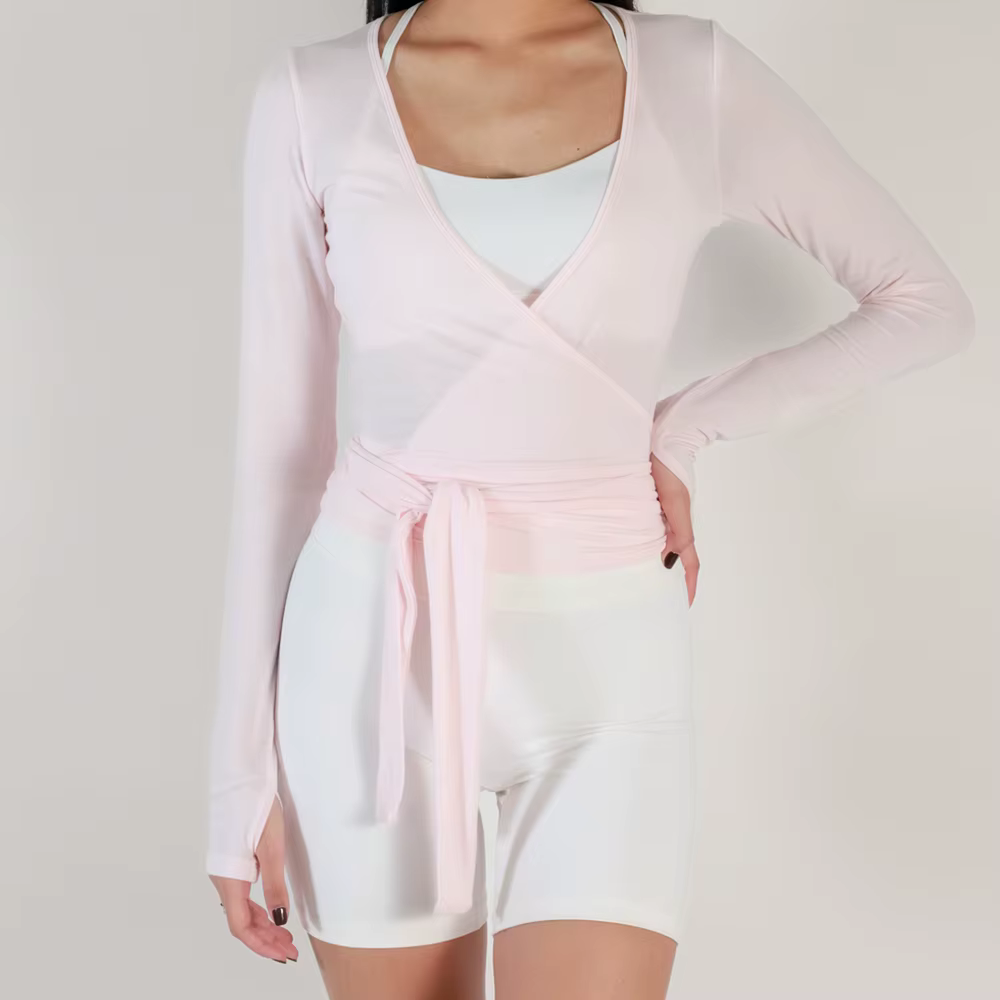 Femmes Sexy Wrap culture hauts T-Shirts à manches longues col en V profond cravate entraînement Ballet Pilates Yoga