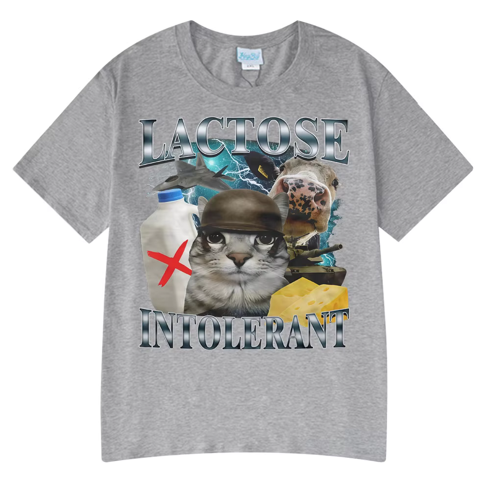 2025 été offre spéciale porte Lactose intolerant drôle chat Meme T-shirts mode t-shirt Hip Hop Couple Style vêtements
