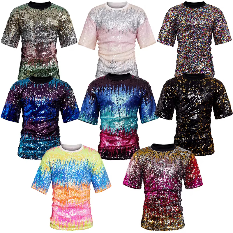 T-shirts à sequins colorés à manches courtes pour hommes, collection 2026, parfaits pour les soirées brillantes et les spectacles sur scène