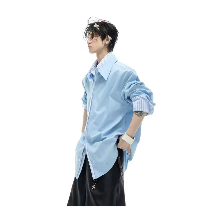 Chemise surdimensionnée pour homme avec col et poignets contrastés à rayures