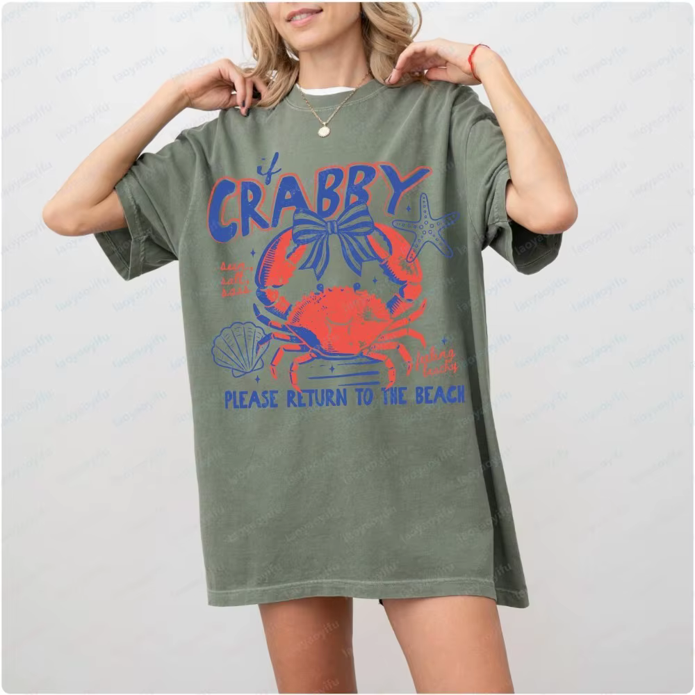 T-shirt Crab Beach, humoristique, pour les vacances en bord de mer, vêtements d'été sur le thème de la vie marine, vêtements pour femmes, t-shirts graphiques, t-shirts oversize, hauts