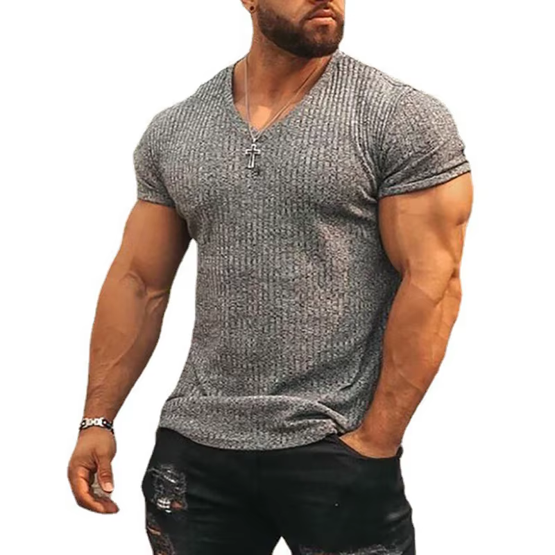 Hommes col en V à manches courtes T-shirt Fitness coupe ajustée sport
